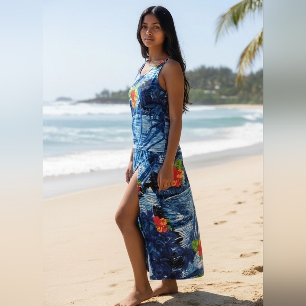 Womans 2 Piece Colourful Beach Cruise Vacation Cover-Up Dress L